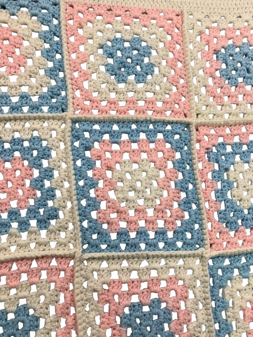Vintage Baby Blanket Crocheted White Blue Pink Granny Square 39 x 30 Inch
