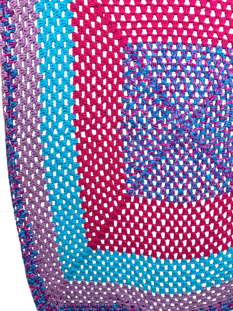 Vintage Crochet Afghan Blanket Throw 54" Square Purple Teal Pink