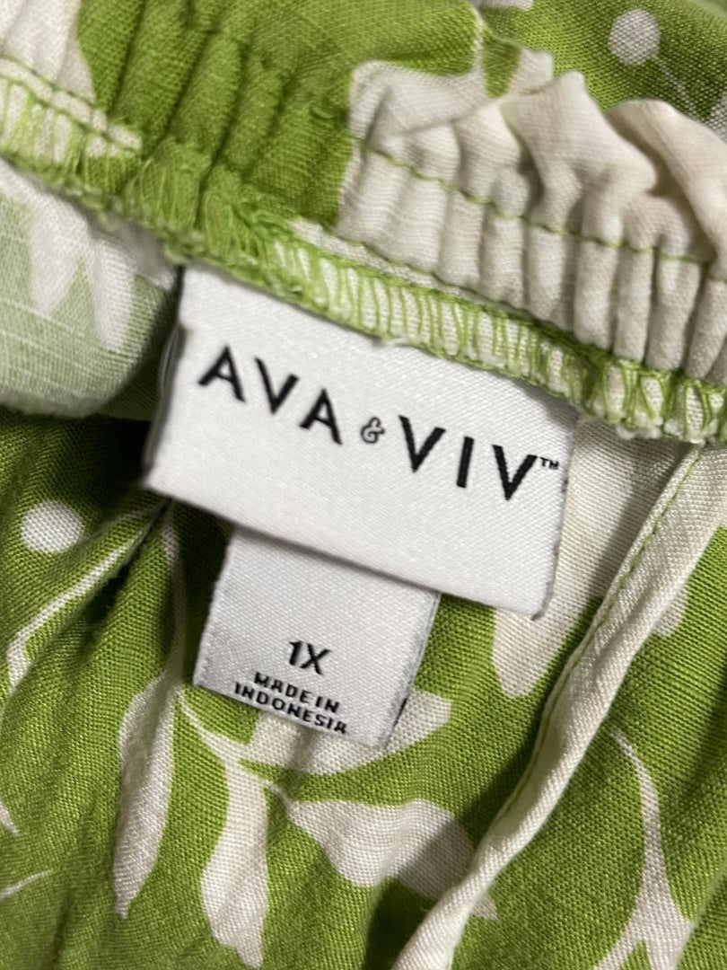 1XL Ava & Viv Floral Long Sleeve Tie Waist Dress Green Boho Style