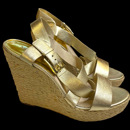 10 Michael Kors Giovanna Gold Strappy Wedge Sandals Metallic 5" Espadrilles