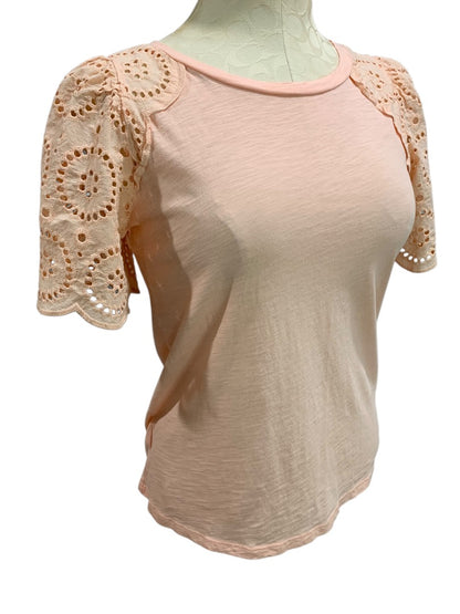 XS Loft Womens Peach Eyelet Sleeve Tshirt Round Neck