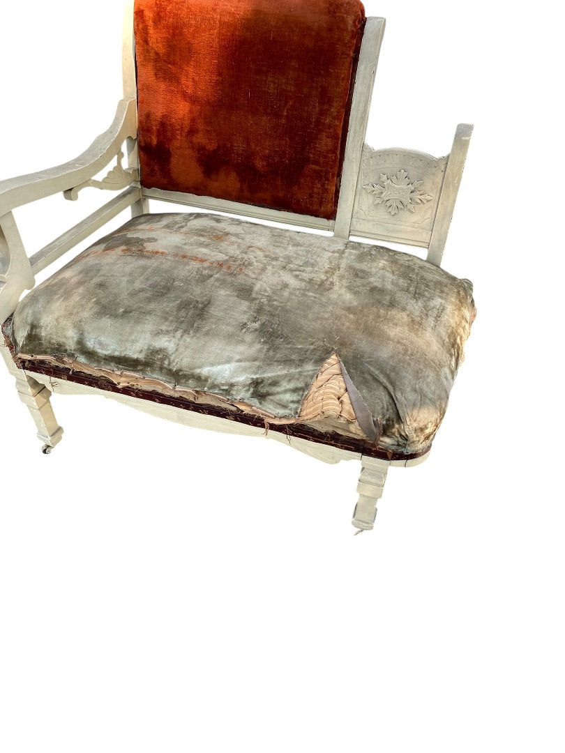 Antique Victorian Cottage Settee Chair Velvet Carved Wood Casters