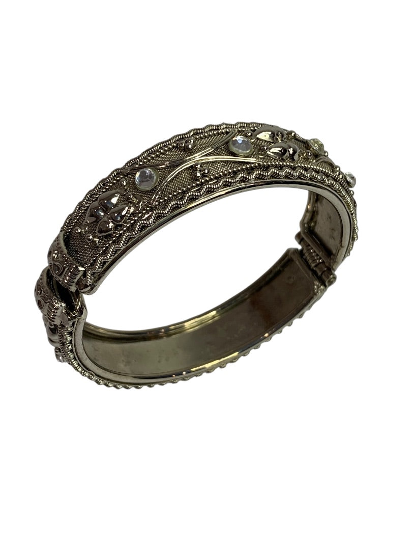 Hinged Bangle Bracelet Silvertone Mesh Rhinestone .5" Thick