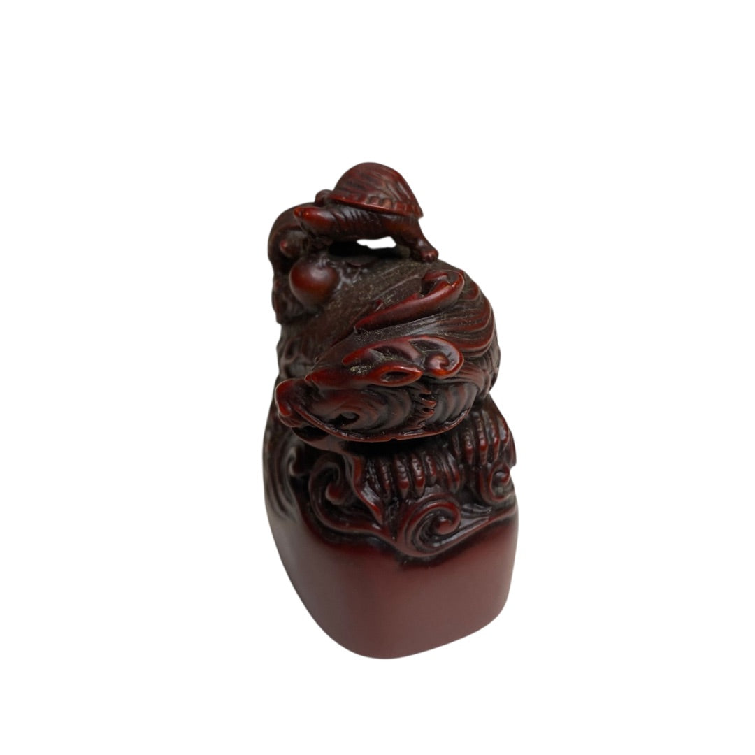 Vintage Red Resin Paperweight Figurine Dragon Turtles 2.5"