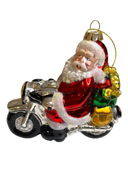 Handblown Glass Biker Santa Ornament Motorcycle Christmas 5" Length