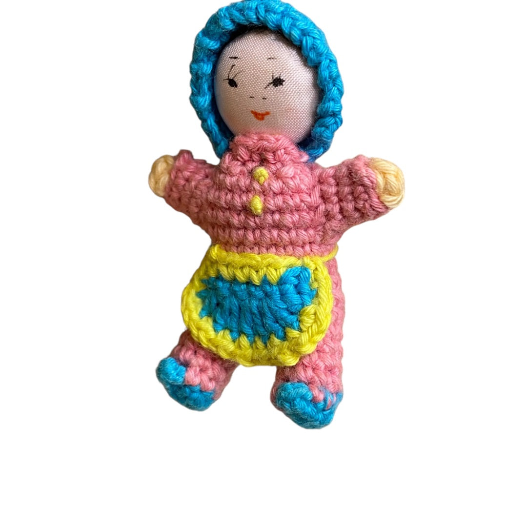 Vintage Amigurumi Japanese Miniature Crochet Baby Girl Doll 2" Silk Face Hanging