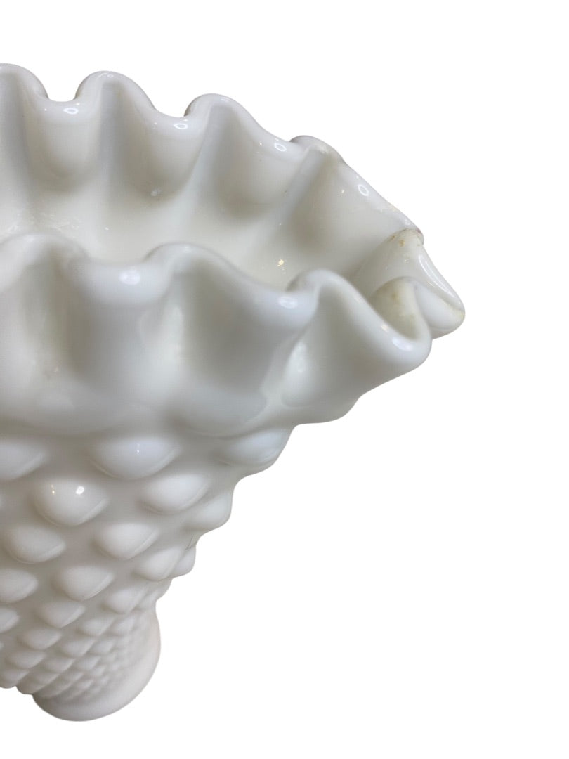 Vintage Fenton Milkglass Hobnail Fan Vase Crimped 5.5"