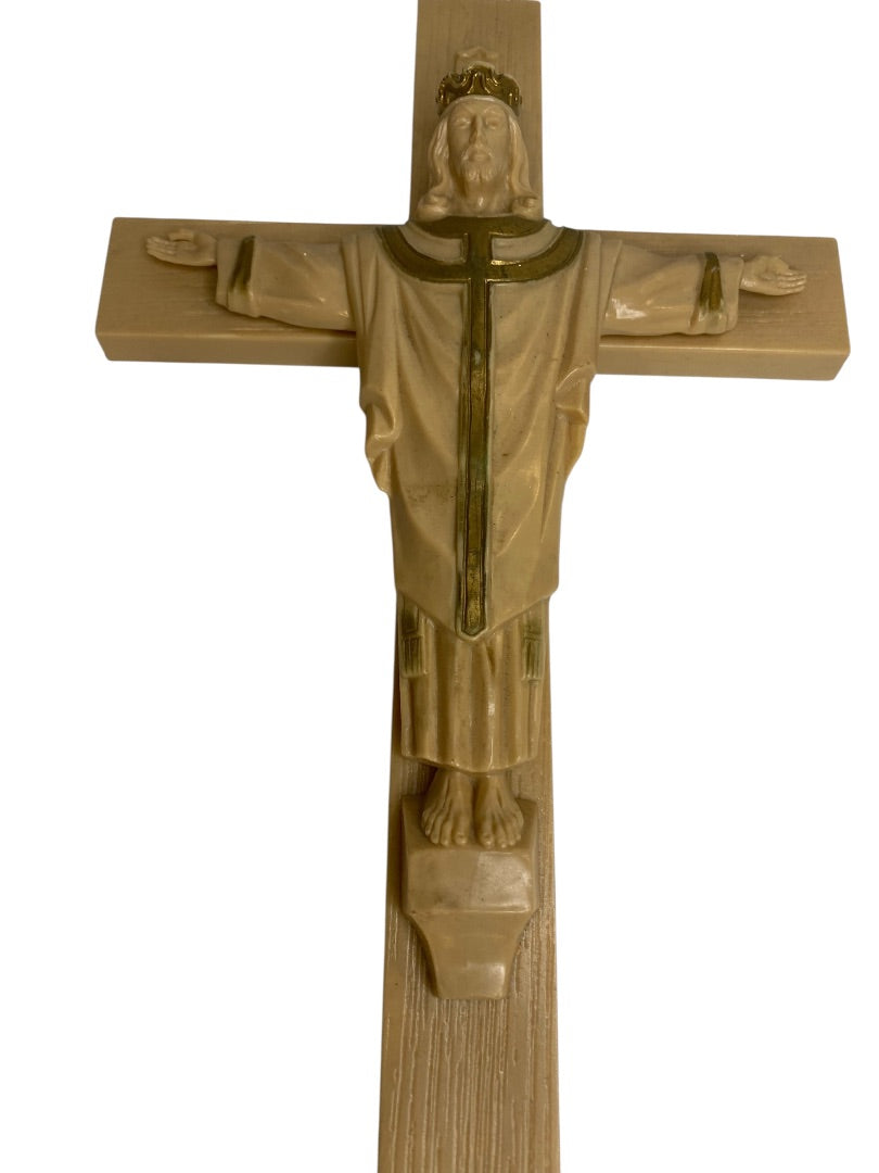 Vintage Plastic Cross Jesus INRI 12" Wall Hanging Gold Trim Paint