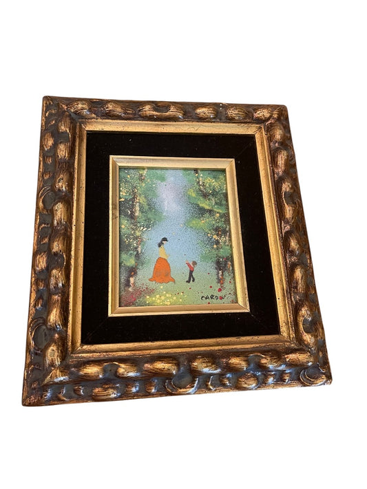 Vintage Louis Cardin Original Enamel on Copper Painting Mother Child 8.5" x 9.5"