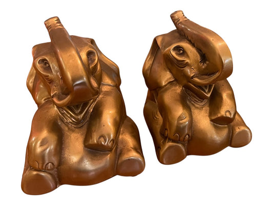 PM Craftsman Trunk Up Elephant Book Ends USA Heavy Goldtone