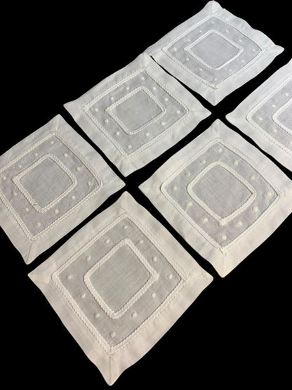 Vintage Cocktail Napkins Set of 6 White Dots Trim 5.5"