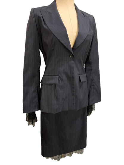 Size 38 Marcel Marongiu Skirt Suit Jacket Pinstripe Lace Trim France