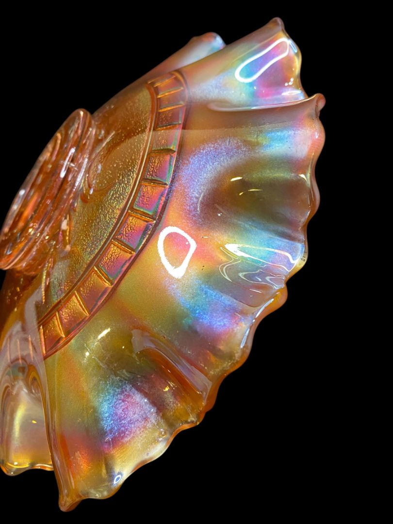 Vintage Dugan Wildflower Marigold Carnival Glass Ruffle 8.75" Bowl