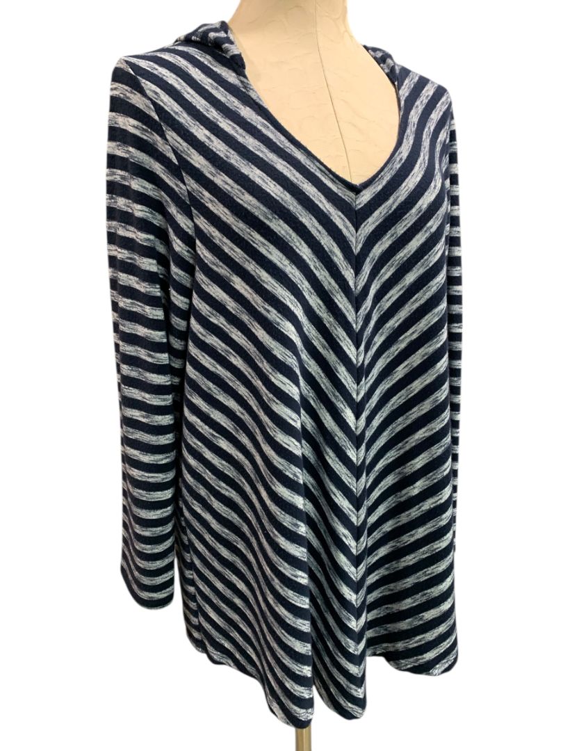 Size 18/20 Avenue Womens Navy Blue Hooded V-Neck Tshirt Long Sleeve