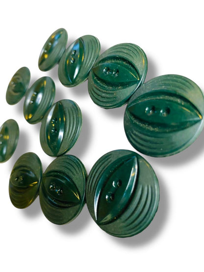 Lot of 11 Midcentury Buttons Assorted Dark Green Plastic Styles Craft Sew 1"