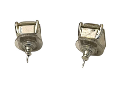 Emerald Cut Stud Post Pierced Earrings Clear .5" (14mm) Silvertone Setting