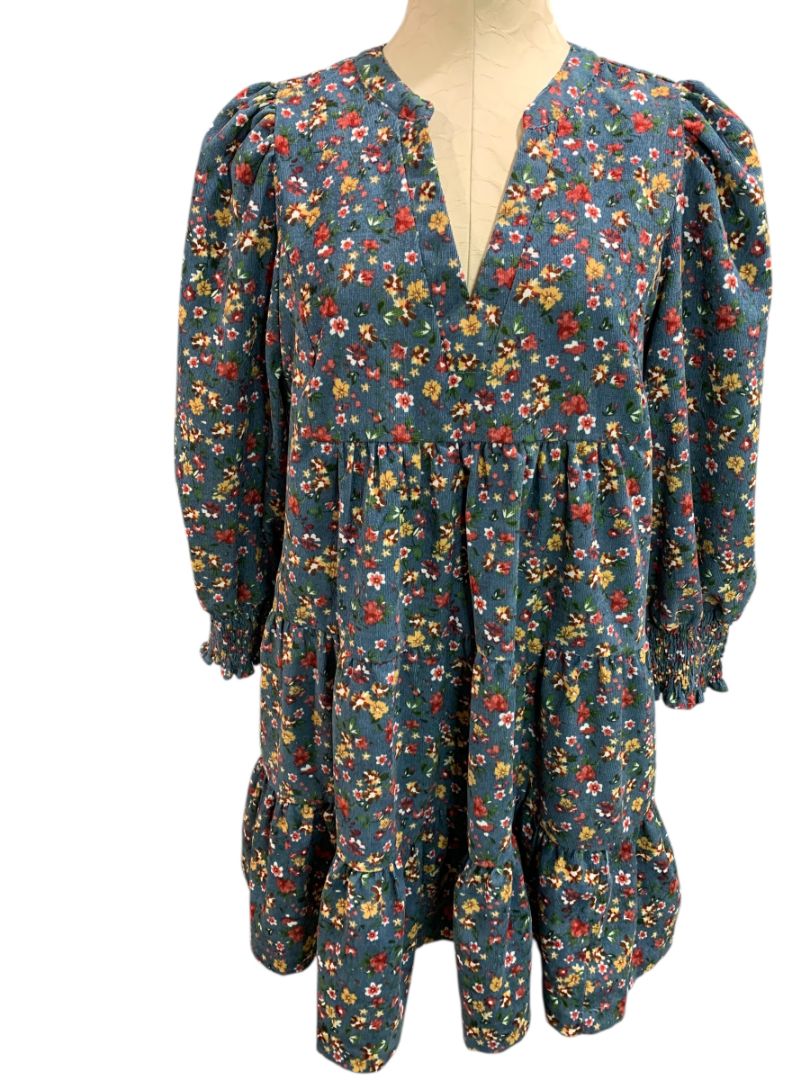 Size Medium Umgee Floral Corduroy Dress Pockets Blue V-Neck
