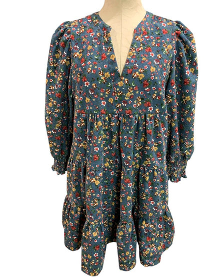 Size Medium Umgee Floral Corduroy Dress Pockets Blue V-Neck