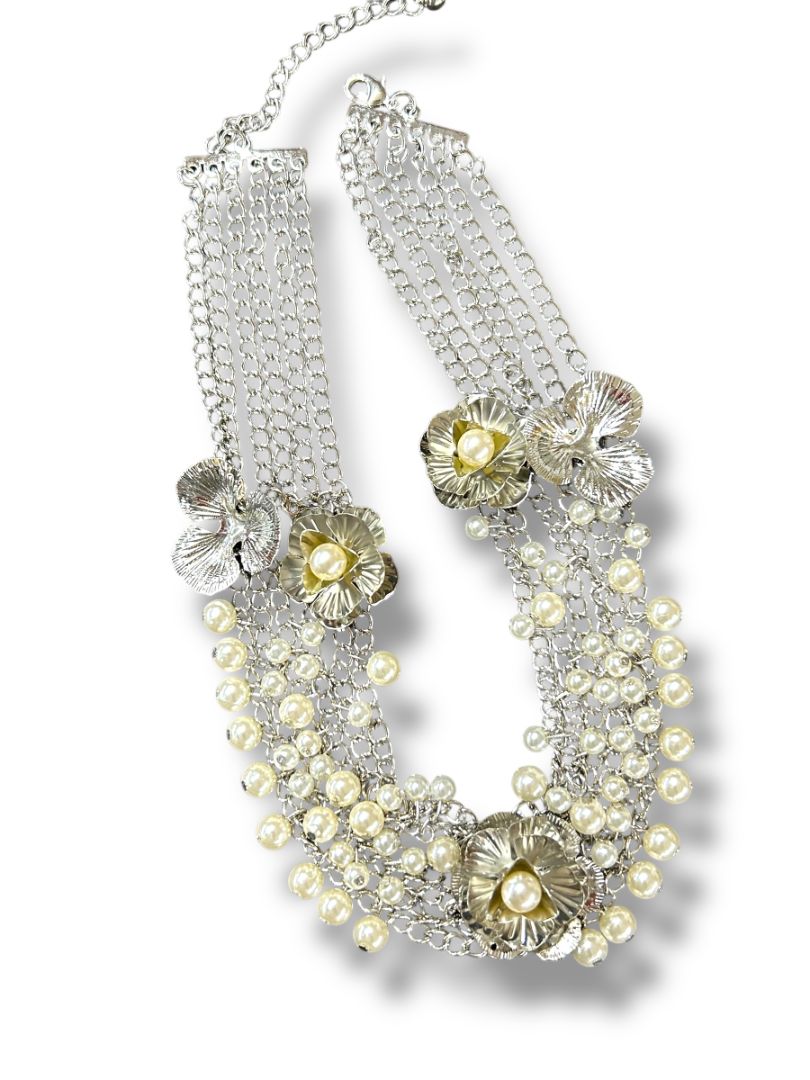 New Silvertone and Faux Pearl Statement Necklace Multistrand 17" + 2" Extender
