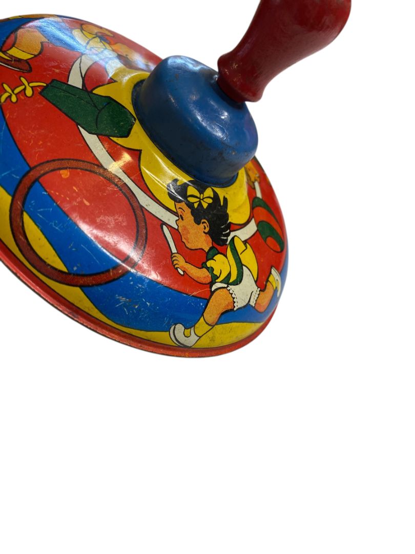 Vintage 5.5” Tin Litho Spinning Top Children Made in USA Wood Handle Works