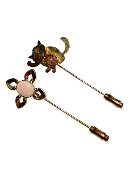 Goldtone Stick Pins Set of 2 Cat Flower Pink Stone 2.25"