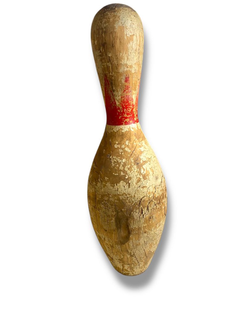 1950s Brunswick Balke Collender King Red Crown Bowling Pin 15.5" Turned Wood Chippy