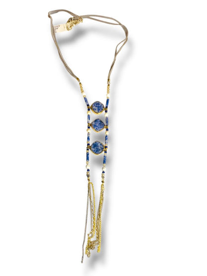 New Lucky Brand Statement Necklace Blue Stone 20" Drop Boho