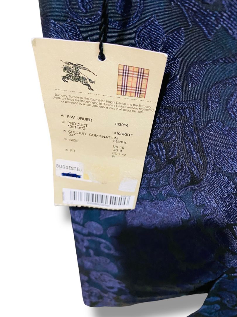 Size 8 Burberry New Navy Blue Floral Jacquard Satin Straight Skirt Knee Length