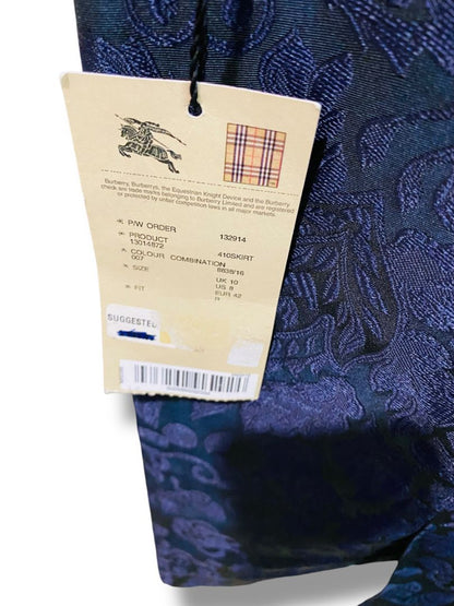 Size 8 Burberry New Navy Blue Floral Jacquard Satin Straight Skirt Knee Length