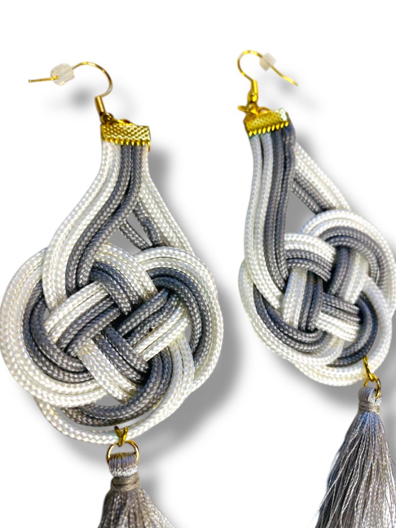Macrame Boho Earrings Tassel Gray White Fishhook 4.75" Drop