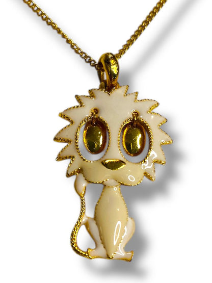 Vintage Goldtone Lion 1.6" Pendant on 16" Chain Dangling Eyes