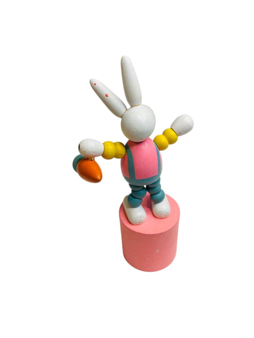 Wooden Push Puppet Collapsing Toy Easter Bunny Rabbit 4.5"