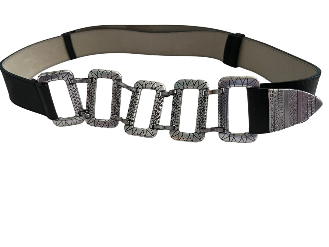 Chico's Black Leather Silver Chain Link Adjustable Slide Belt