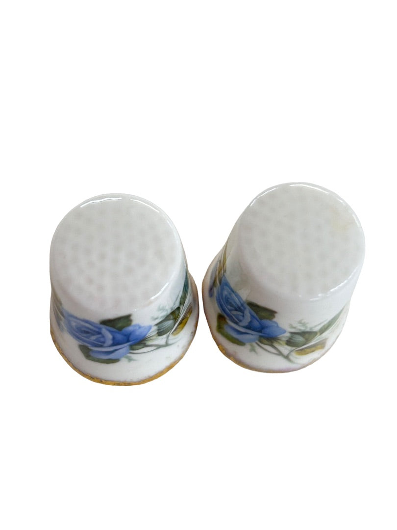 Royal Crown Porcelain Decorative Thimbles Set of 2 Blue Rose Gold Trim