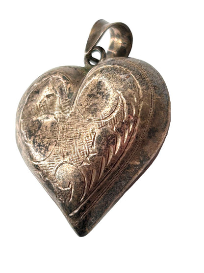 Vintage Silver Puffy Heart Pendant Etched Design 1.25"