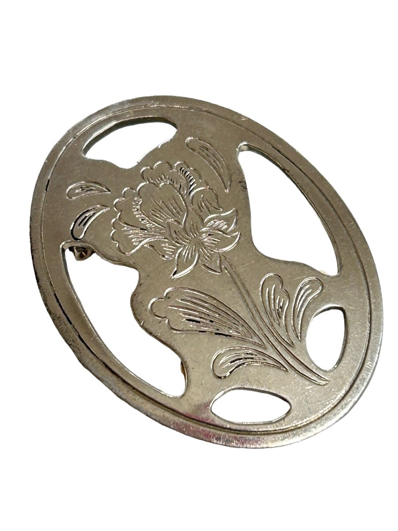 Vintage Signed Kirk Stieff Pewter Brooch Pin Etched Floral 2.25"