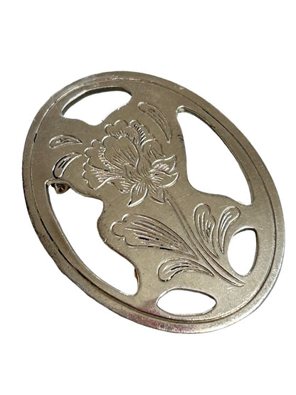 Vintage Signed Kirk Stieff Pewter Brooch Pin Etched Floral 2.25"