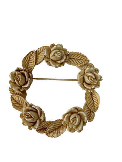 Brooch Pin Vintage 1960s Resin Rose Wreath Antiqued White 2" Diameter