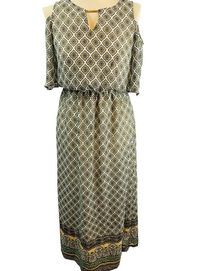 Small Petite Tacera Cold Shoulder Print Maxi Dress Elastic Waist Lined