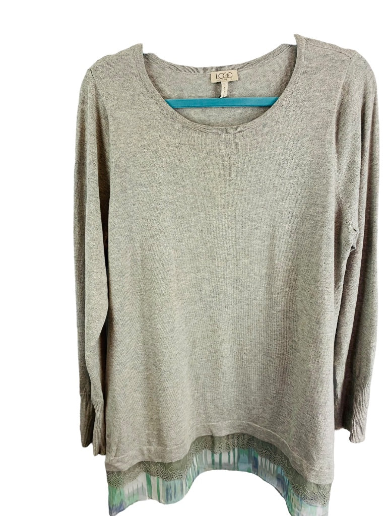 Large LOGO by Lori Goldstein Lightweight Gray Sweater Cashmere Blend Flounce Hem Lace Detail