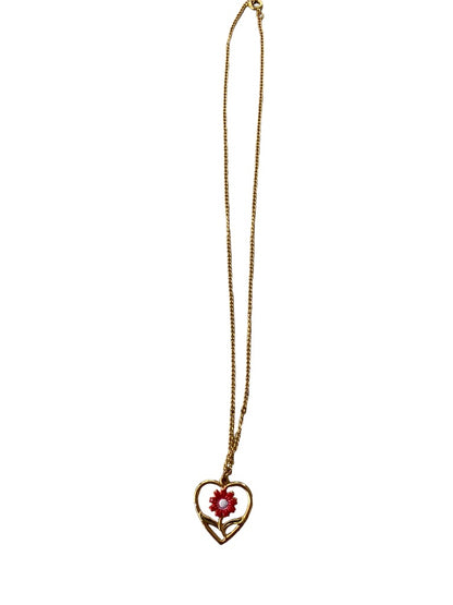 Goldtone Necklace Floral 1" Heart Pendant on 19" Chain Red White