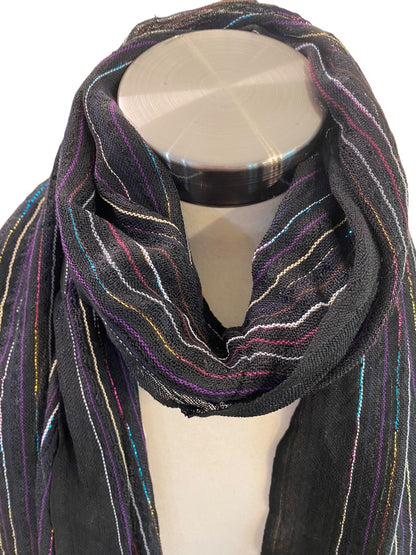 Black Lightweight Metallic Summer Scarf Fringed 58" x 24"