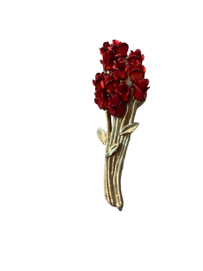 Signed DM Danbury Mint for Avon Brooch Red Goldtone Rose Bouquet 2.25" 1997