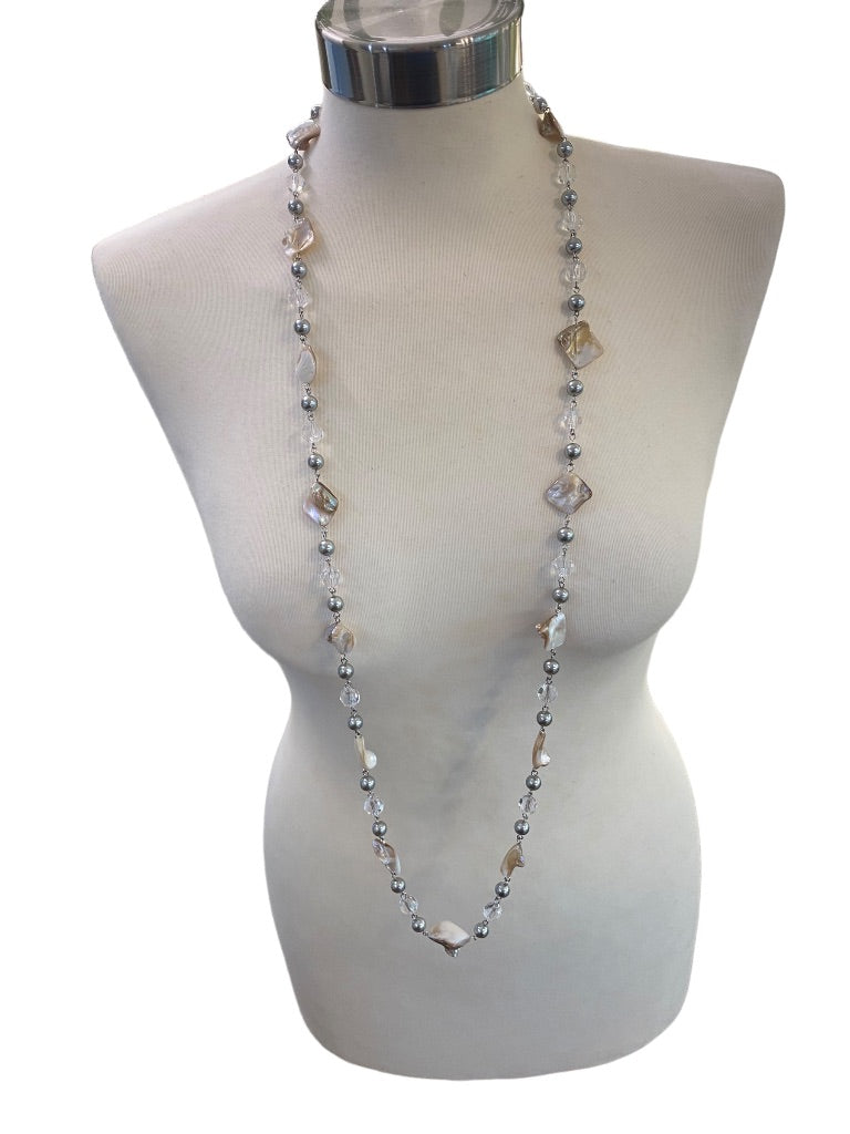 Long 44" Strand String Necklace Silvertone Shell Clear Faceted Acrylic Beads Linked