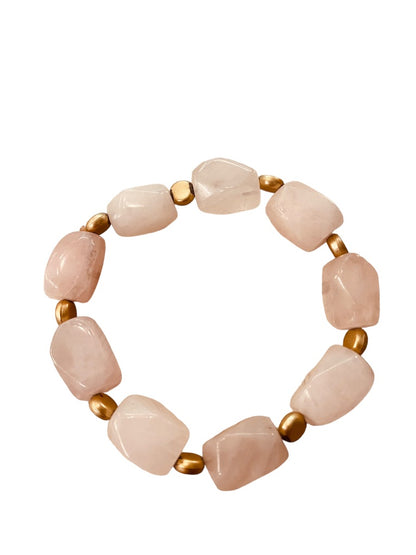 Beaded Stone and Goldtone Spacer Stretch Bracelet Blush Pink 2.5" Inside Diameter