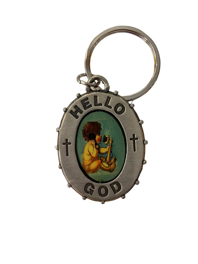 New "Hello God" Picture This Pewter Keychain Key Ring 2"