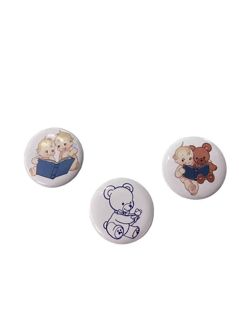 Set of 3 Vintage Pinback Buttons Small 1" Diameter Baby Reading Teddy Bear