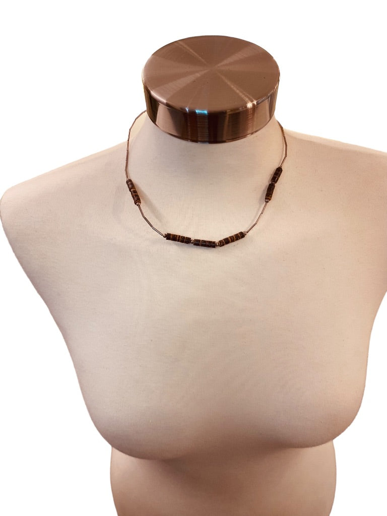 Vintage Silvertone Bead Brown Necklace 18" Barrel Clasp Screw Closure