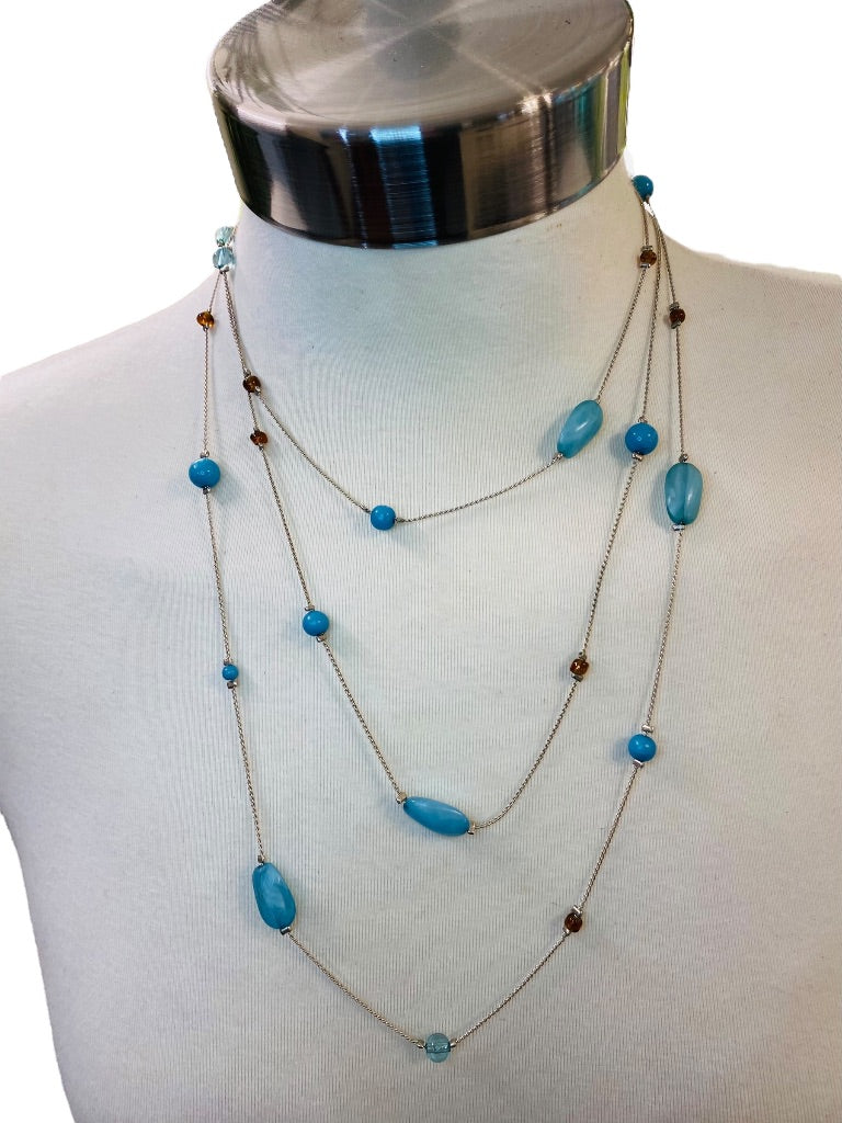 Long Strand Necklace Delicate Silvertone and Blue Acrylic Beads 60" Lobster Clasp Layered