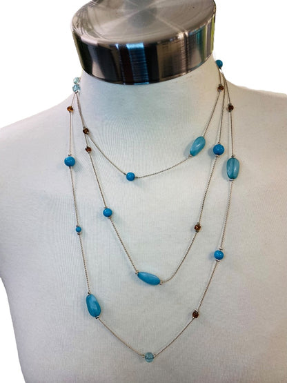 Long Strand Necklace Delicate Silvertone and Blue Acrylic Beads 60" Lobster Clasp Layered